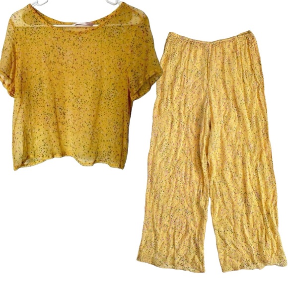 Vintage Victoria’s Secret Yellow Floral Mesh Sheer Pjs Pajamas Medium - Picture 1 of 7